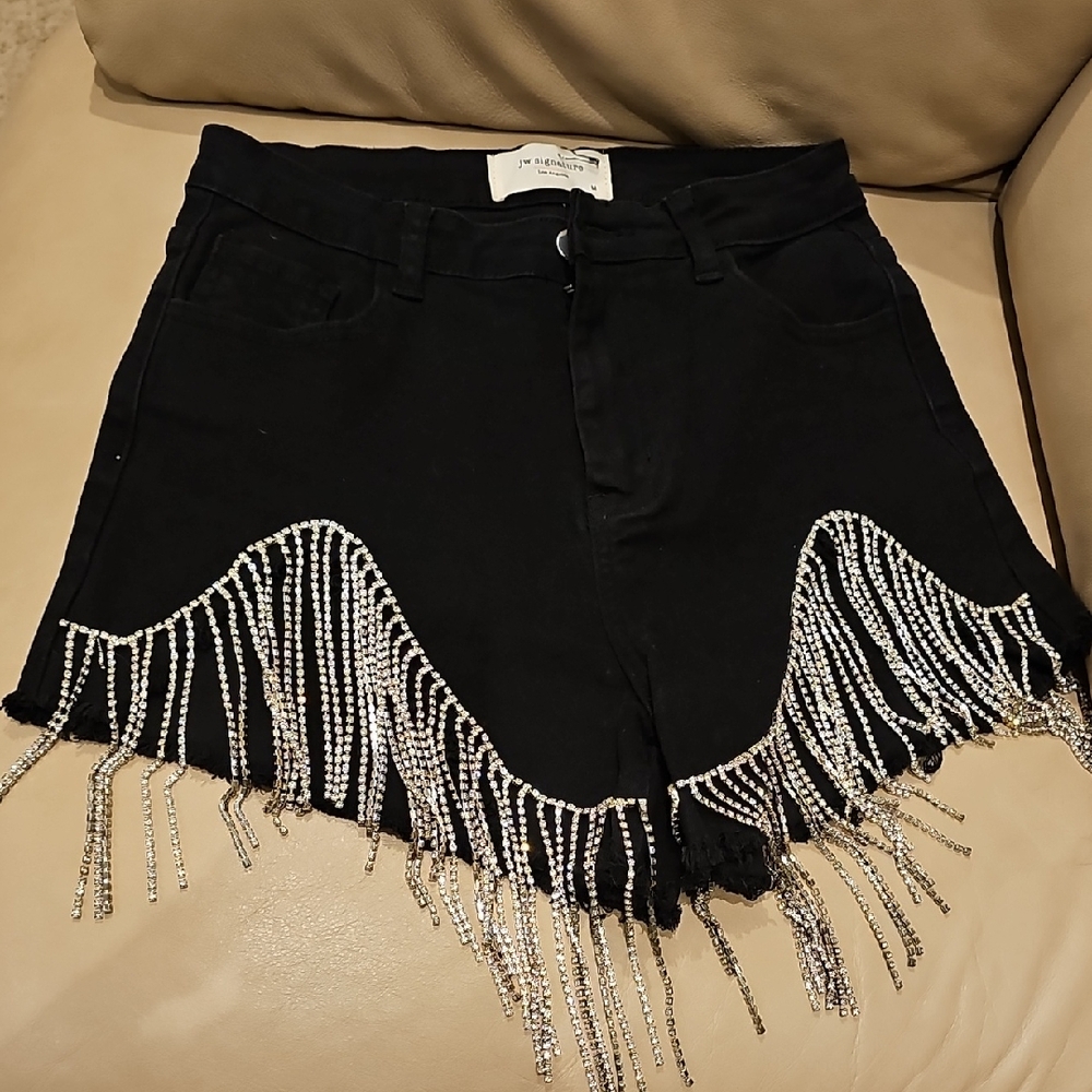 Black Jean Shorts with Silver Fringe Stretch Never Been Worn